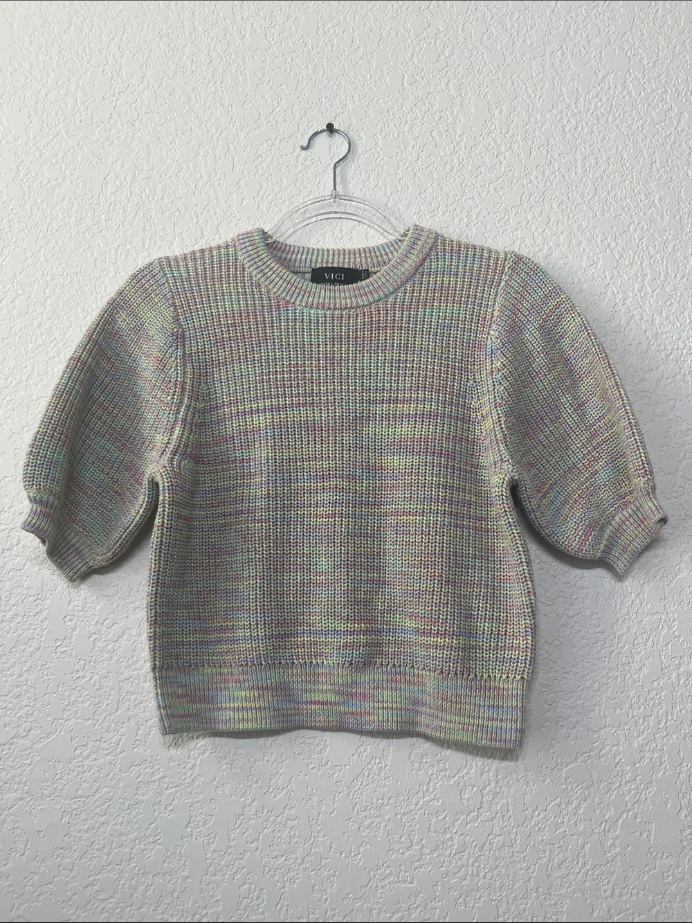 VICI Women’s XS Pastel Multicolor Short Puff Sleeve Knitted Sweater